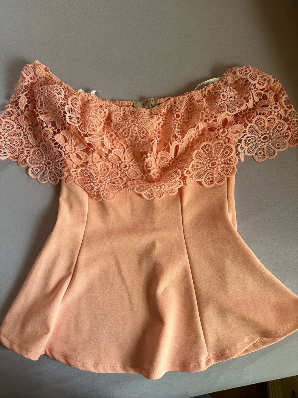 Papaya Peach Lace Off-Shoulder Peplum Top